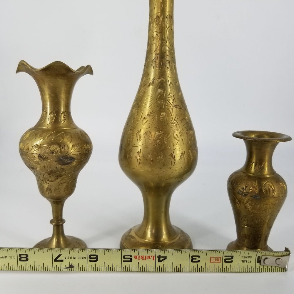 Vintage Brass Vase Flower Floral Three Etched India Home Decor 11.50" to 4.50" - Picture 10 of 11
